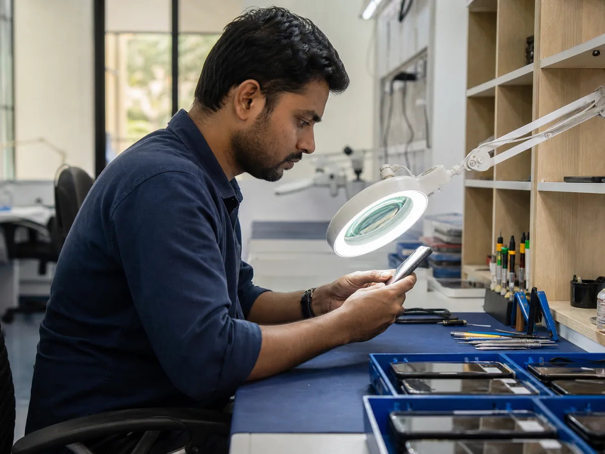 A Microfone technician inspecting a smartphone